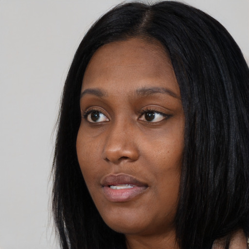 Neutral asian young-adult female with long  black hair and brown eyes