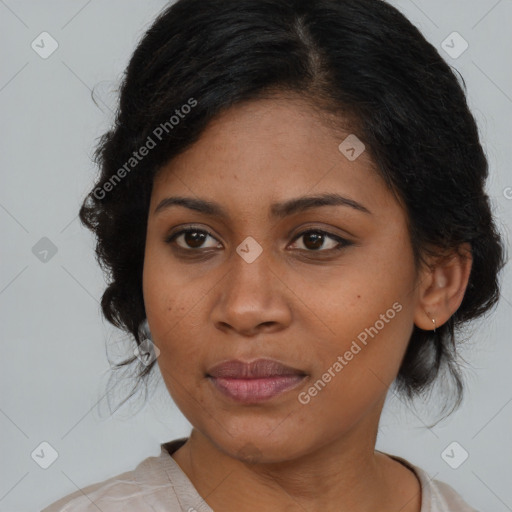 Joyful black young-adult female with medium  brown hair and brown eyes