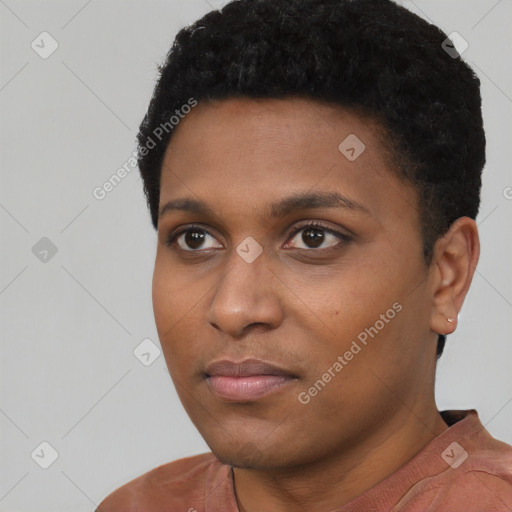 Neutral black young-adult male with short  black hair and brown eyes