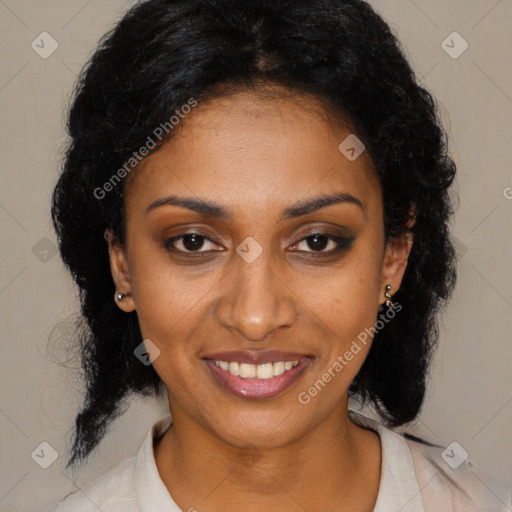 Joyful black young-adult female with medium  black hair and brown eyes