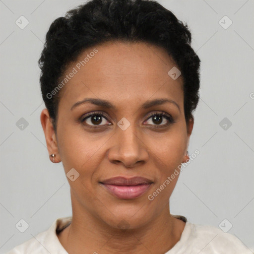 Joyful latino young-adult female with short  black hair and brown eyes