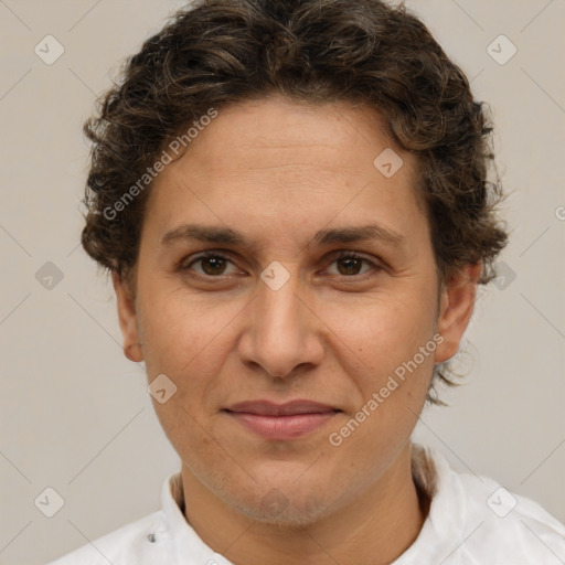 Joyful white adult female with short  brown hair and brown eyes