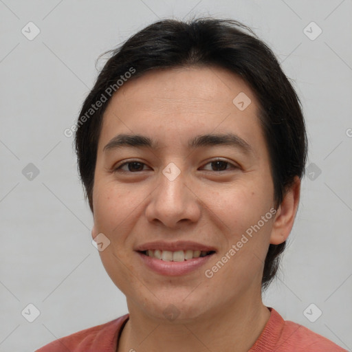 Joyful white young-adult female with short  brown hair and brown eyes