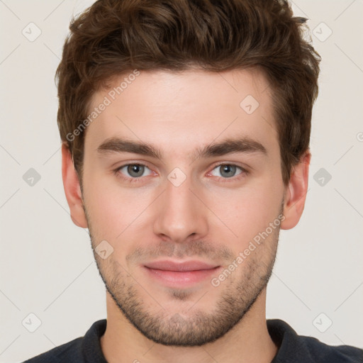 Neutral white young-adult male with short  brown hair and brown eyes