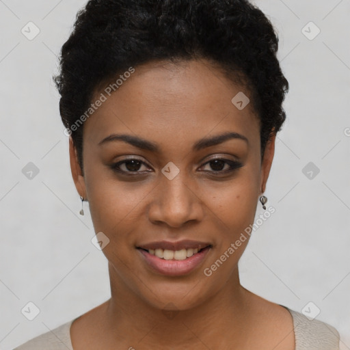 Joyful latino young-adult female with short  black hair and brown eyes