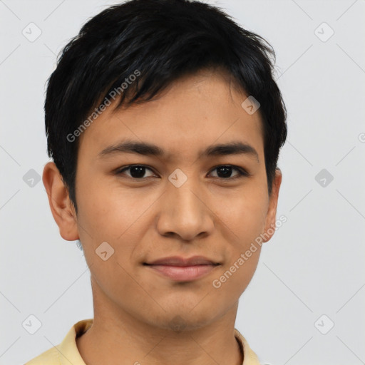 Joyful asian young-adult male with short  black hair and brown eyes