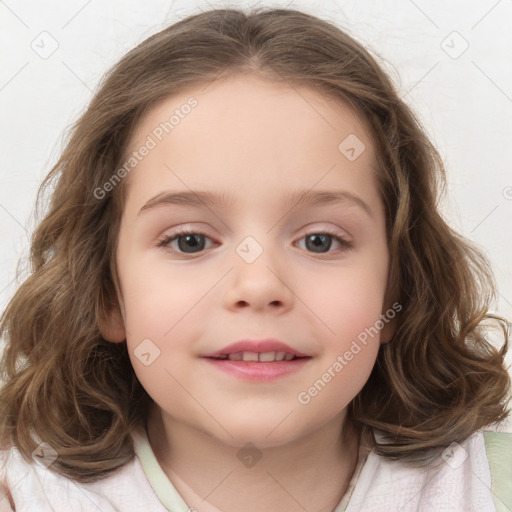 Joyful white child female with medium  brown hair and blue eyes