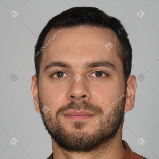 Neutral white young-adult male with short  brown hair and brown eyes