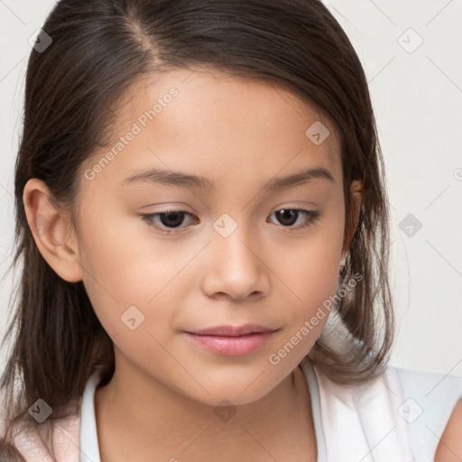 Joyful white child female with long  brown hair and brown eyes