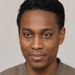 Neutral black young-adult male with short  black hair and brown eyes