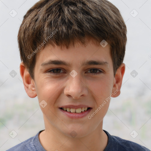 Joyful white child male with short  brown hair and brown eyes