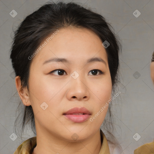 Neutral asian young-adult female with medium  brown hair and brown eyes