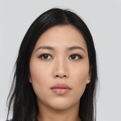 Neutral asian young-adult female with long  black hair and brown eyes