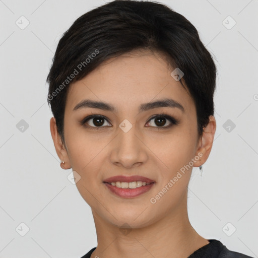 Joyful asian young-adult female with short  black hair and brown eyes