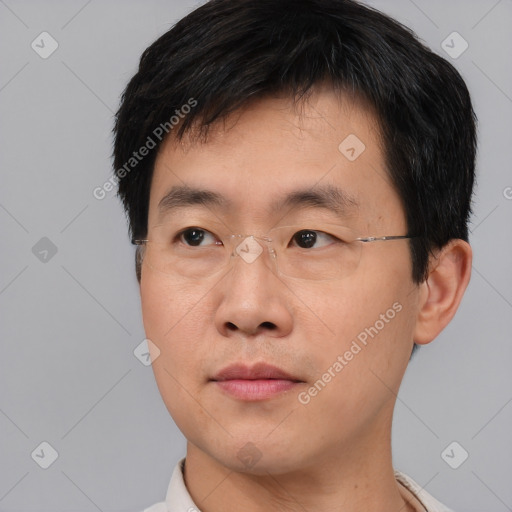 Neutral asian young-adult male with short  brown hair and brown eyes