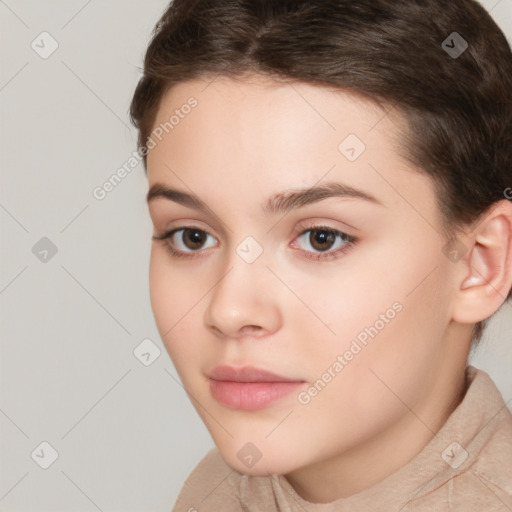 Neutral white young-adult female with short  brown hair and brown eyes