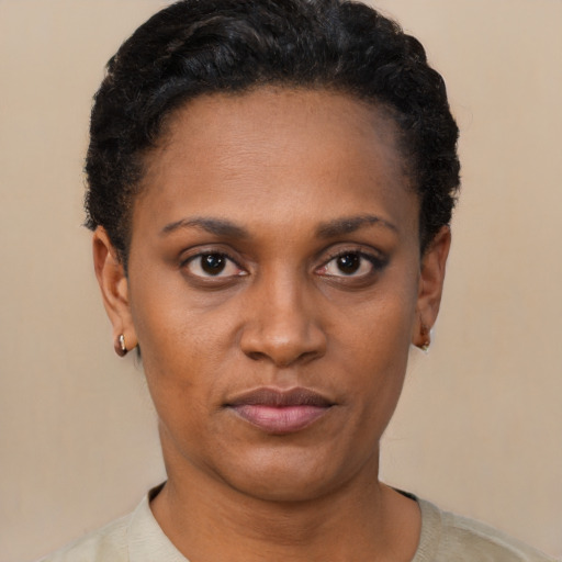 Neutral black young-adult female with short  black hair and brown eyes