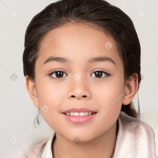 Joyful white child female with medium  brown hair and brown eyes