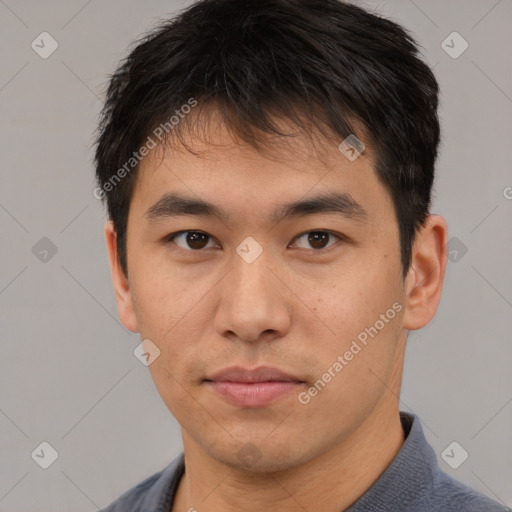 Neutral asian young-adult male with short  brown hair and brown eyes