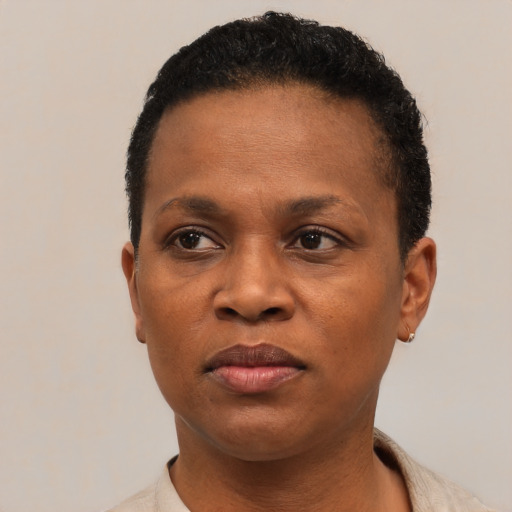 Neutral black adult female with short  black hair and brown eyes