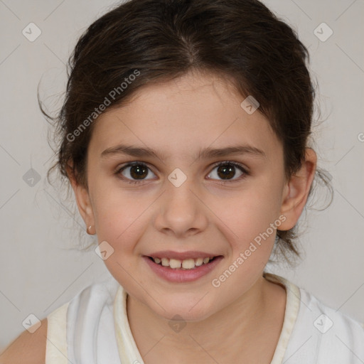 Joyful white child female with medium  brown hair and brown eyes