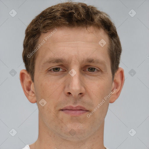 Neutral white adult male with short  brown hair and brown eyes