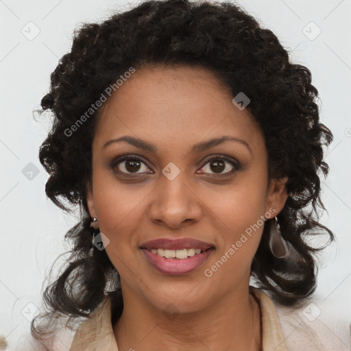 Joyful black young-adult female with long  brown hair and brown eyes