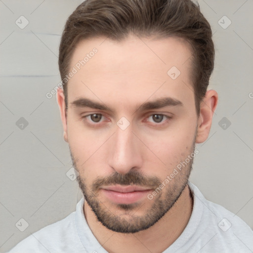 Neutral white young-adult male with short  brown hair and brown eyes