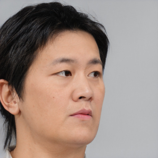 Neutral asian young-adult male with short  brown hair and brown eyes