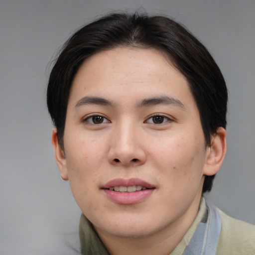 Joyful asian young-adult female with medium  brown hair and brown eyes