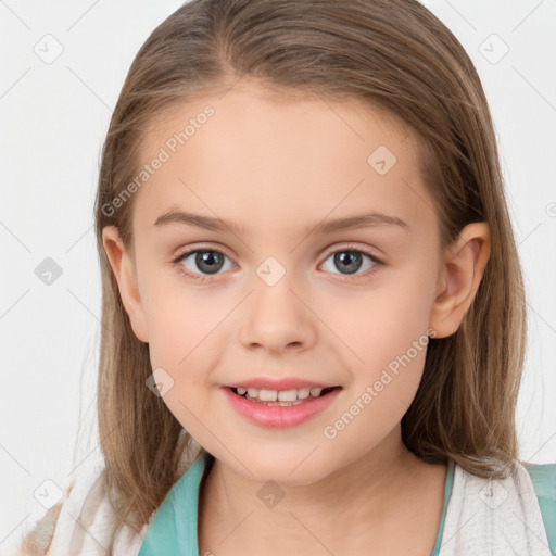 Joyful white child female with medium  brown hair and brown eyes