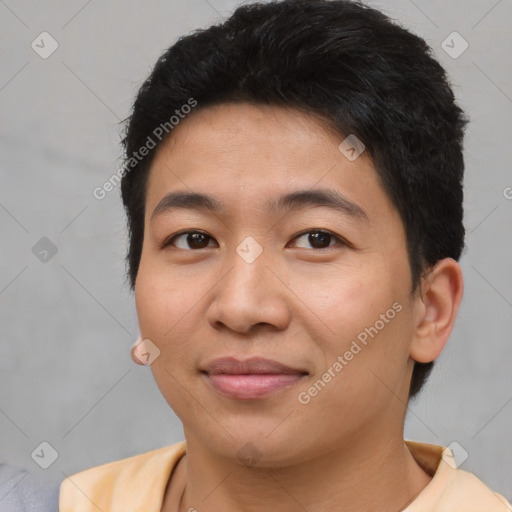 Joyful asian young-adult female with short  brown hair and brown eyes