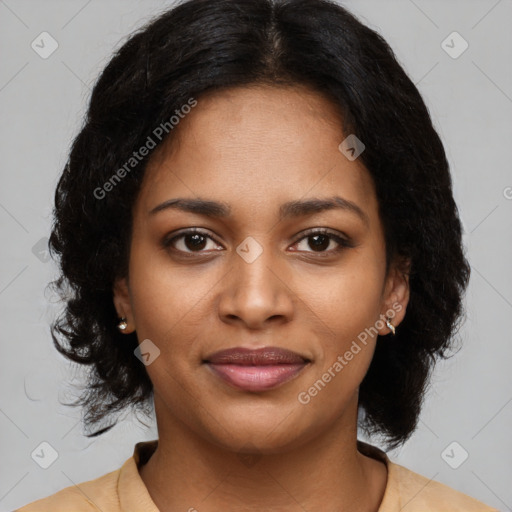 Joyful black young-adult female with medium  brown hair and brown eyes