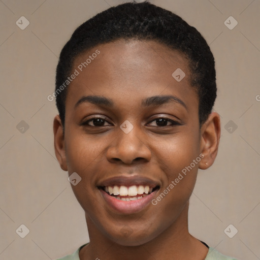 Joyful black young-adult female with short  black hair and brown eyes