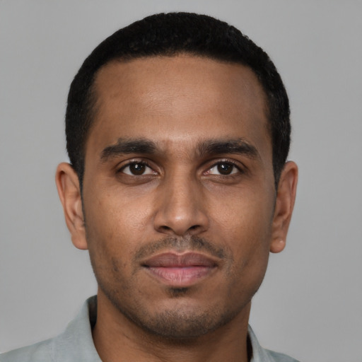 Neutral black young-adult male with short  black hair and brown eyes