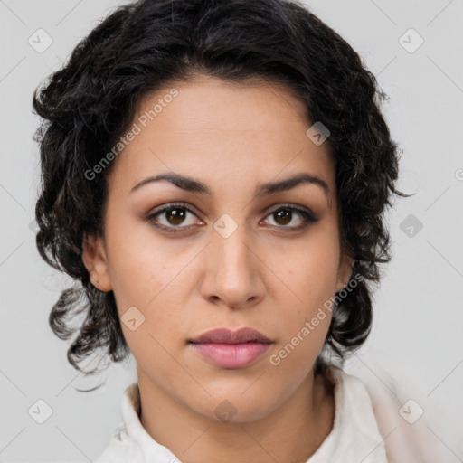 Neutral latino young-adult female with medium  brown hair and brown eyes