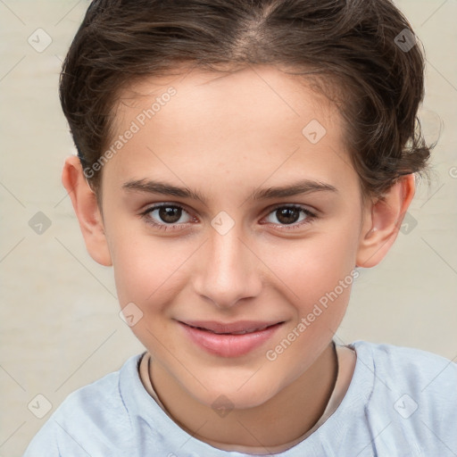 Joyful white child female with short  brown hair and brown eyes