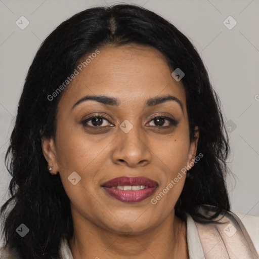 Joyful asian young-adult female with medium  black hair and brown eyes