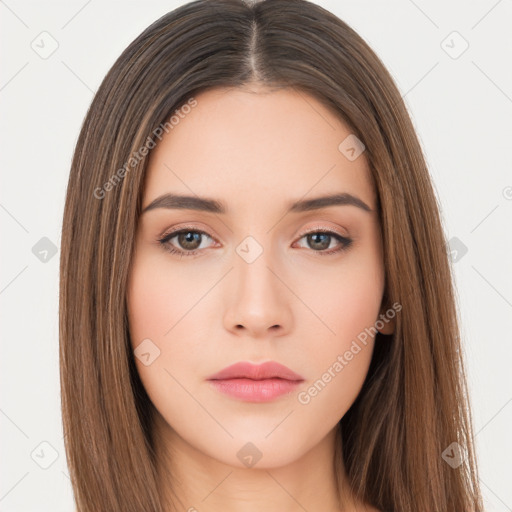 Neutral white young-adult female with long  brown hair and brown eyes