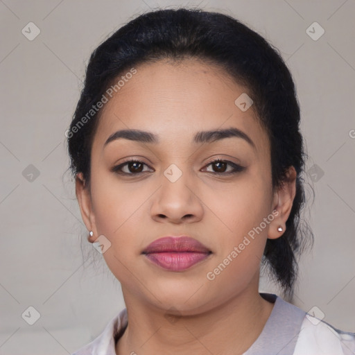 Joyful latino young-adult female with medium  black hair and brown eyes