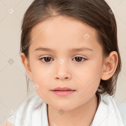 Joyful white child female with medium  brown hair and brown eyes