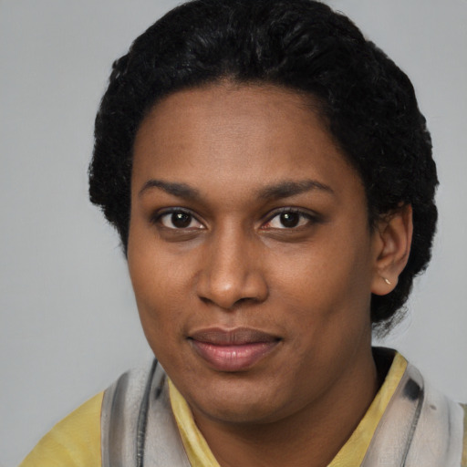 Neutral latino young-adult female with short  black hair and brown eyes
