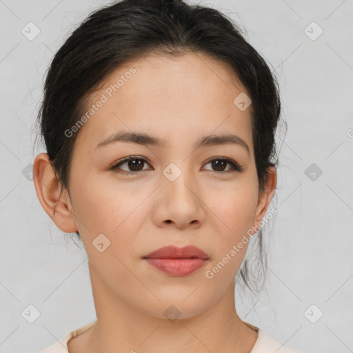 Neutral asian young-adult female with medium  brown hair and brown eyes