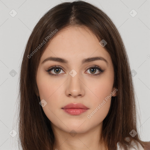 Neutral white young-adult female with long  brown hair and brown eyes