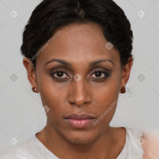 Neutral black young-adult female with short  brown hair and brown eyes