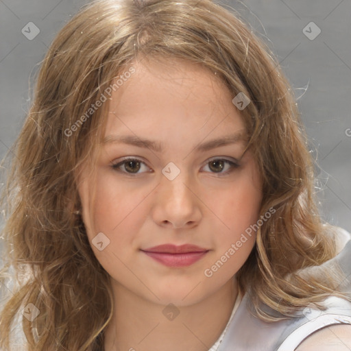 Joyful white child female with medium  brown hair and brown eyes