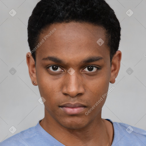 Neutral black young-adult male with short  black hair and brown eyes