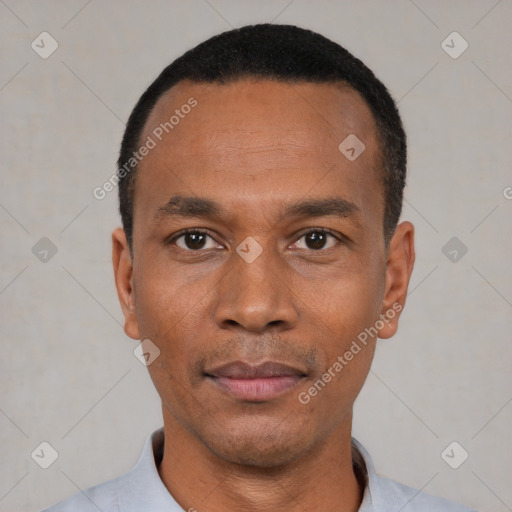 Neutral black young-adult male with short  black hair and brown eyes