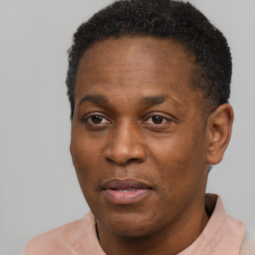 Neutral black adult male with short  black hair and brown eyes