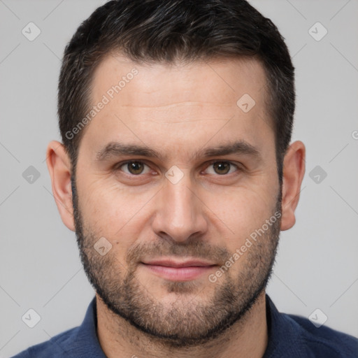 Neutral white adult male with short  brown hair and brown eyes